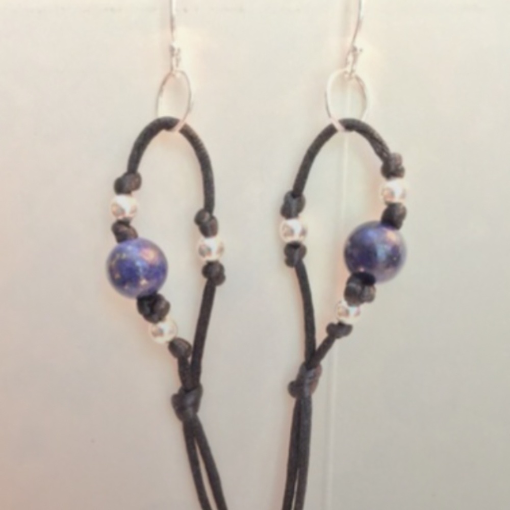 HAND CRAFTED Blue Lapis Beads and Sterling Beads Black Satin Sterling Earrings - Picture 3 of 6